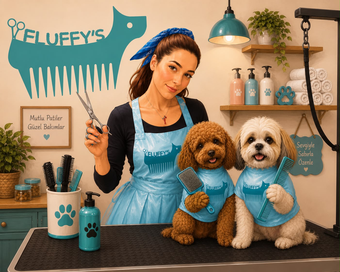 Fluffy's Pet Grooming'de bakım alan sevimli köpekler